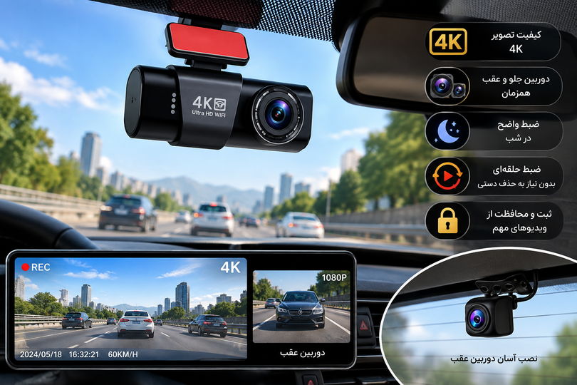 دوربین ثبت وقایع خودرو 4K | ضبط مسیر و اتفاقات رانندگی با دوربین جلو و عقب